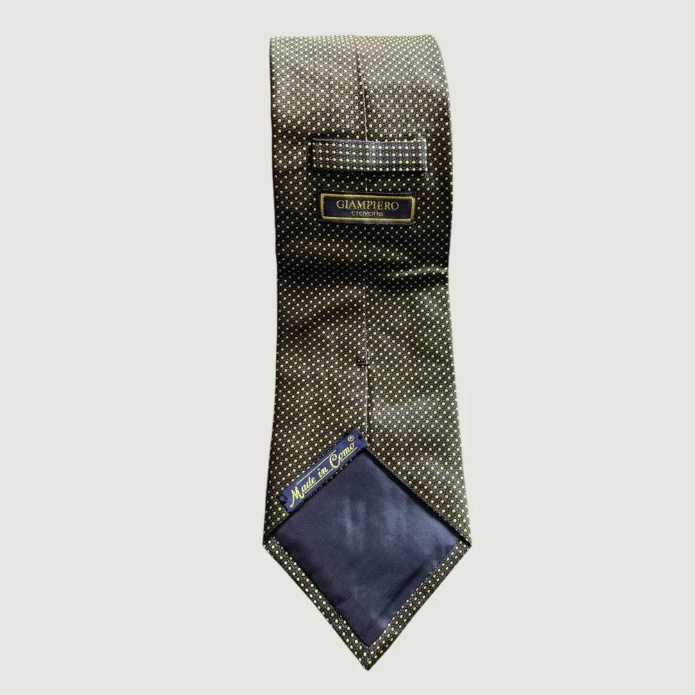 Giampiero Cravette Italian 100% Silk Tie Micro Dot Mens Navy Yellow 57